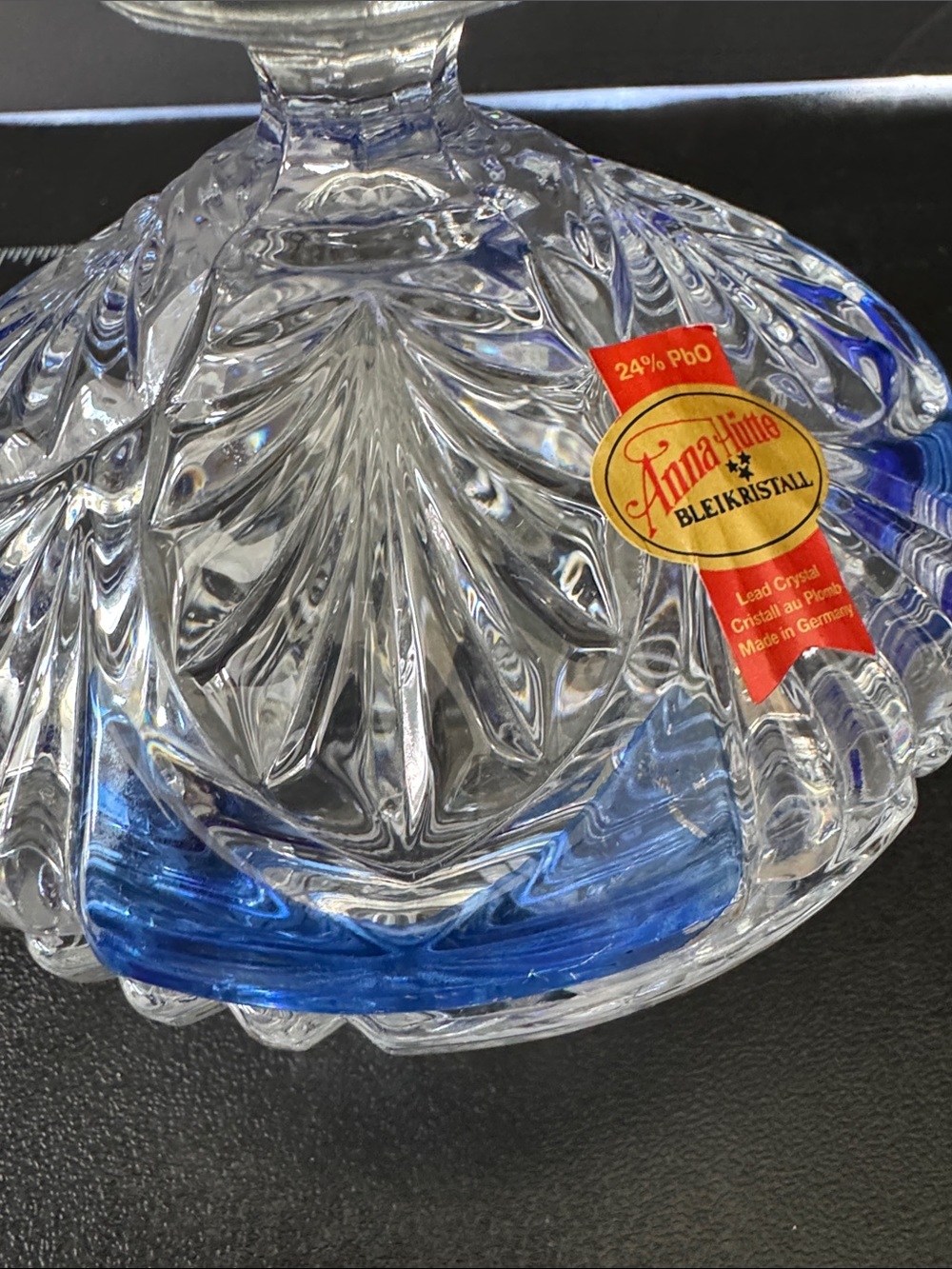 VTG Anna Hutte Germany Lead Crystal Covered Candy Dish - Clear & Cobalt Blue - Picture 5 of 8